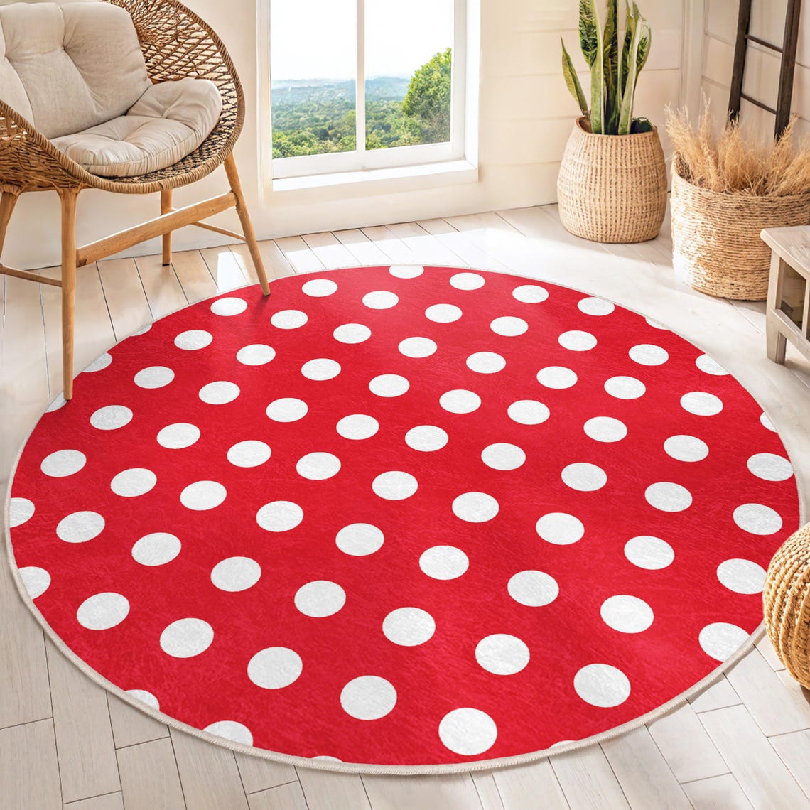 Red Polka Dot Pattern Round Rug - White Dot Vibrant Design Circle ...