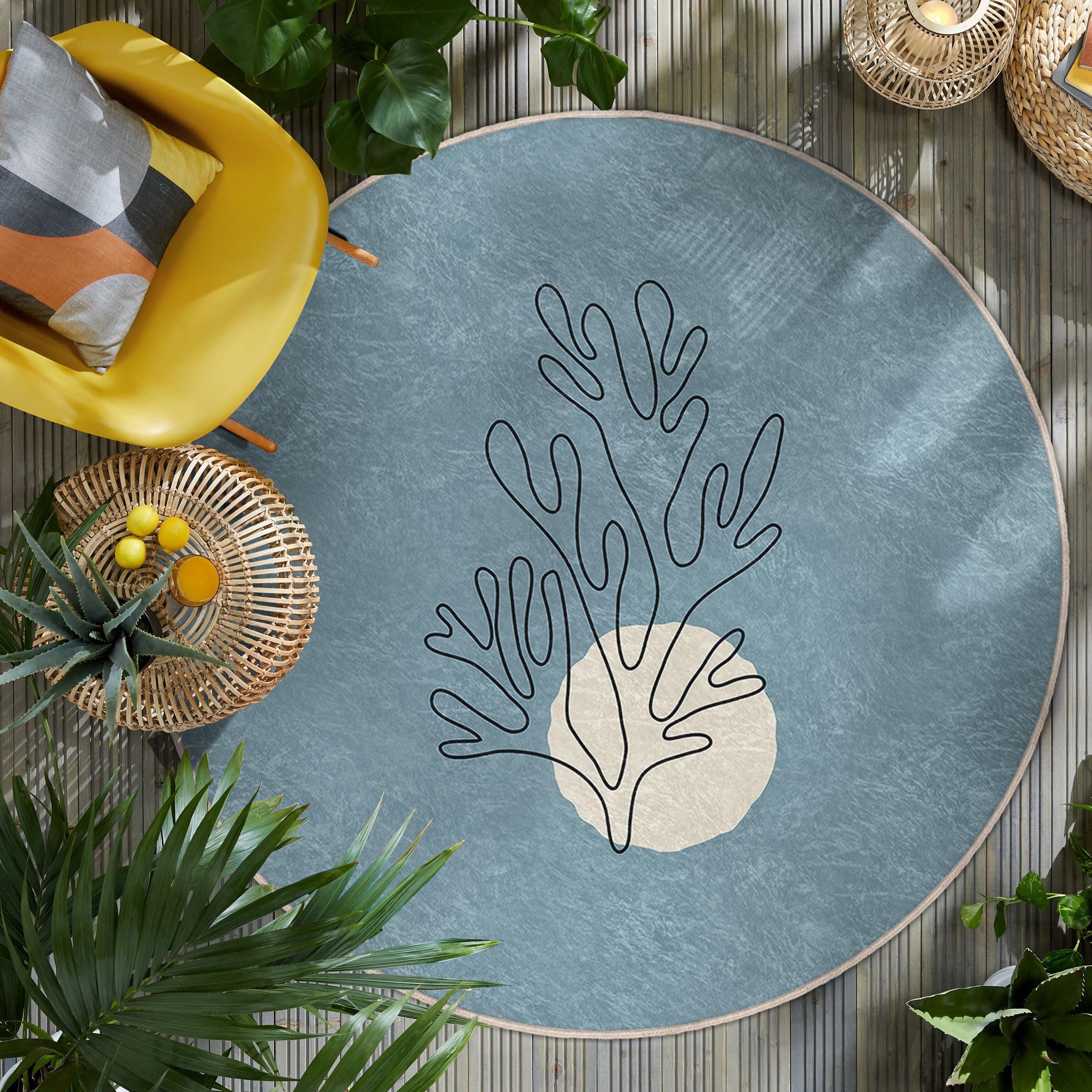 Modern Abstract Blue Coral Round Rug-contemporary Line Art Circle ...