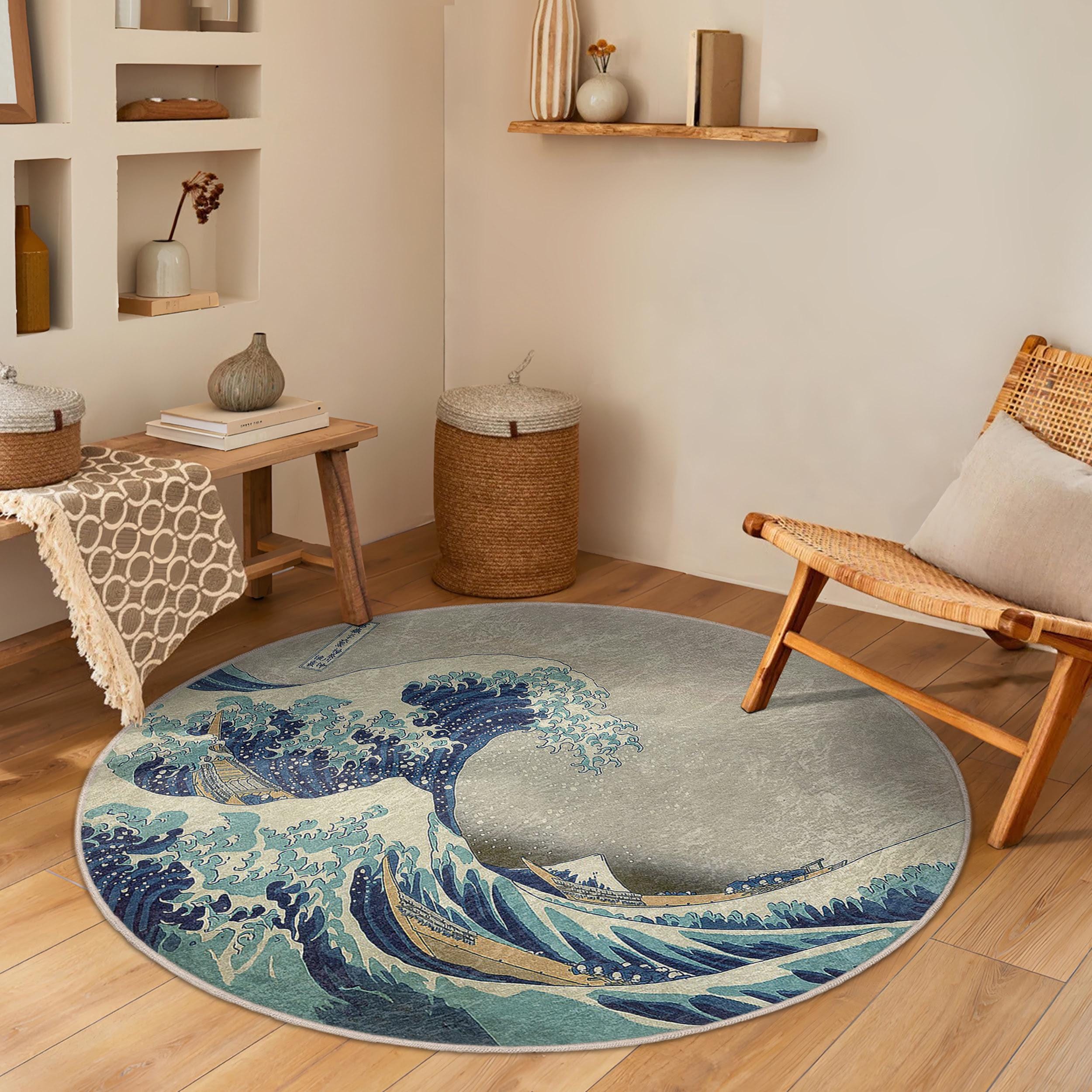 Navy Wave Art Round Rug - Japanese Ocean Circle Carpet - Kanagawa