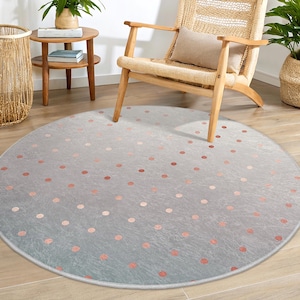 Kopparprickig grå rund matta - Vintage prickigt mönster - cirkelmatta - vardagsrumsmatta - halkfri cirkelmatta - modern heminredning oval matta