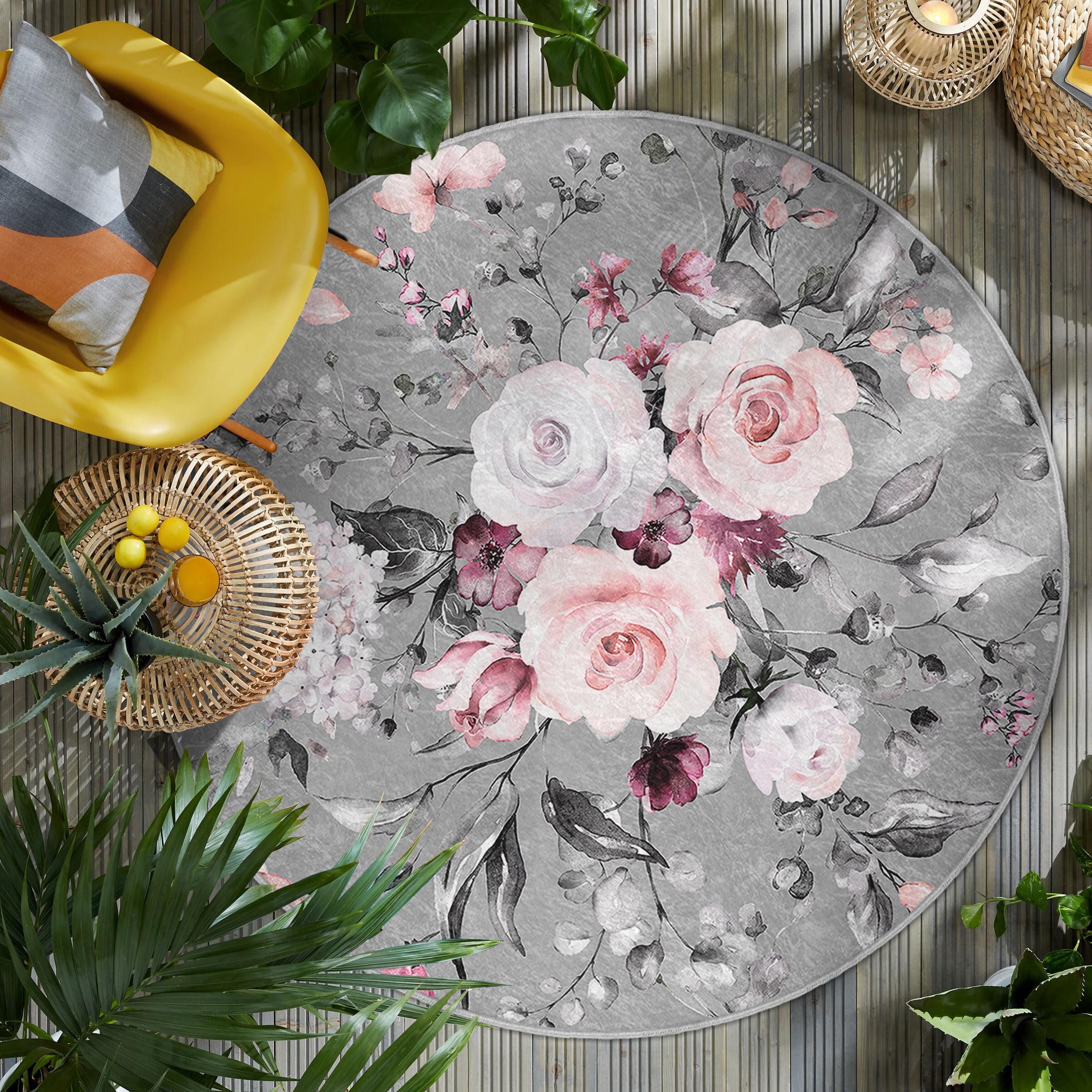 Vintage Floral Design Round Rug - Pastel Roses Pattern Circle