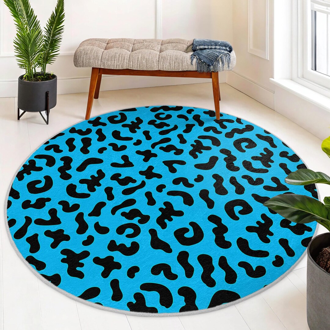 Blue Leopard Print Round Rug - Abstract Spots Pattern Circle Mat ...