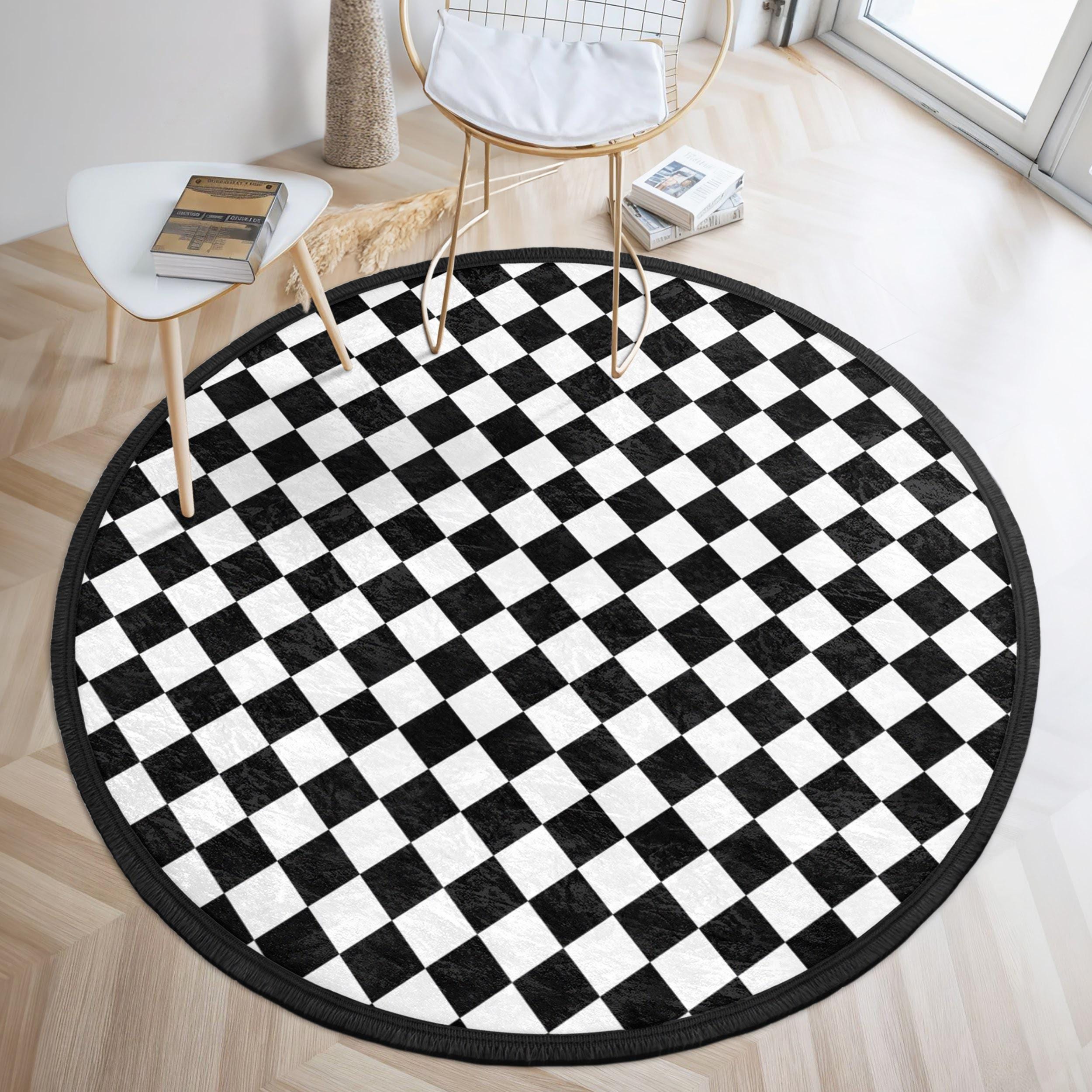 Checkered Black White Round Rug -geometric Square Pattern Circle Carpet ...