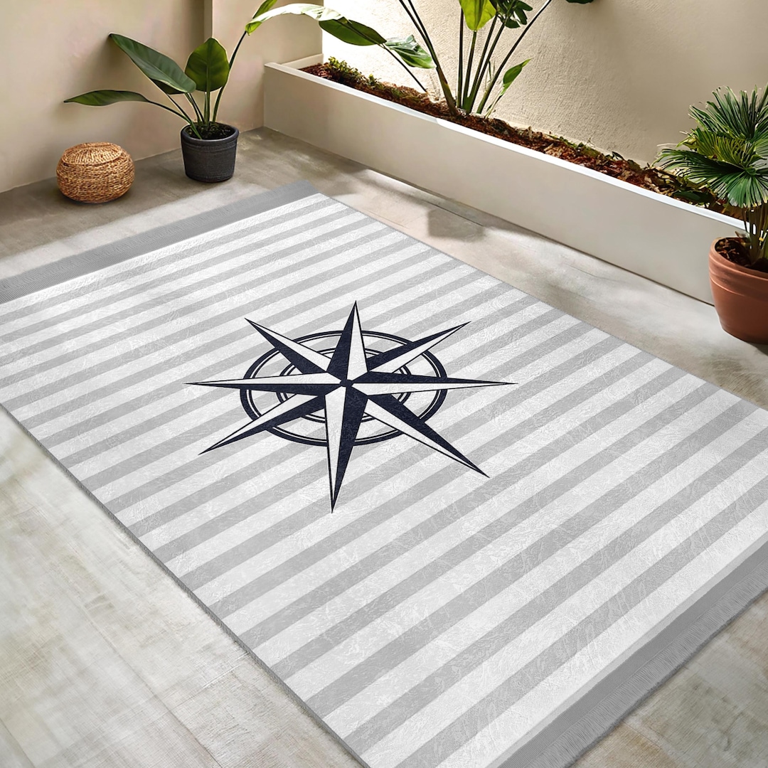 Blue Compass Rug Nautical Compass Striped Area Rug - Blue Star Design Accent Carpet ...