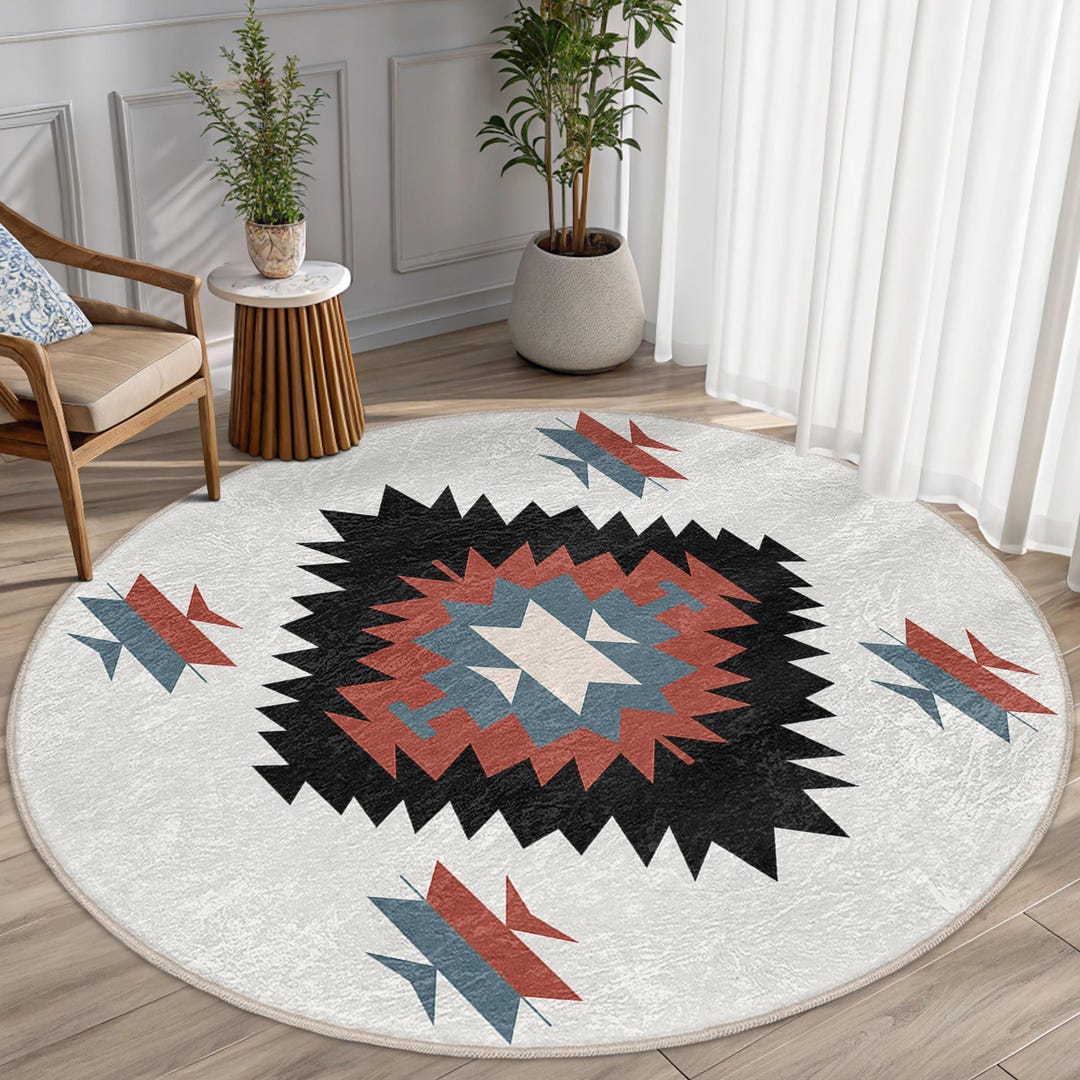 Rustic Geometric Boho Round Rug - Aztec Starburst Accent Rug ...