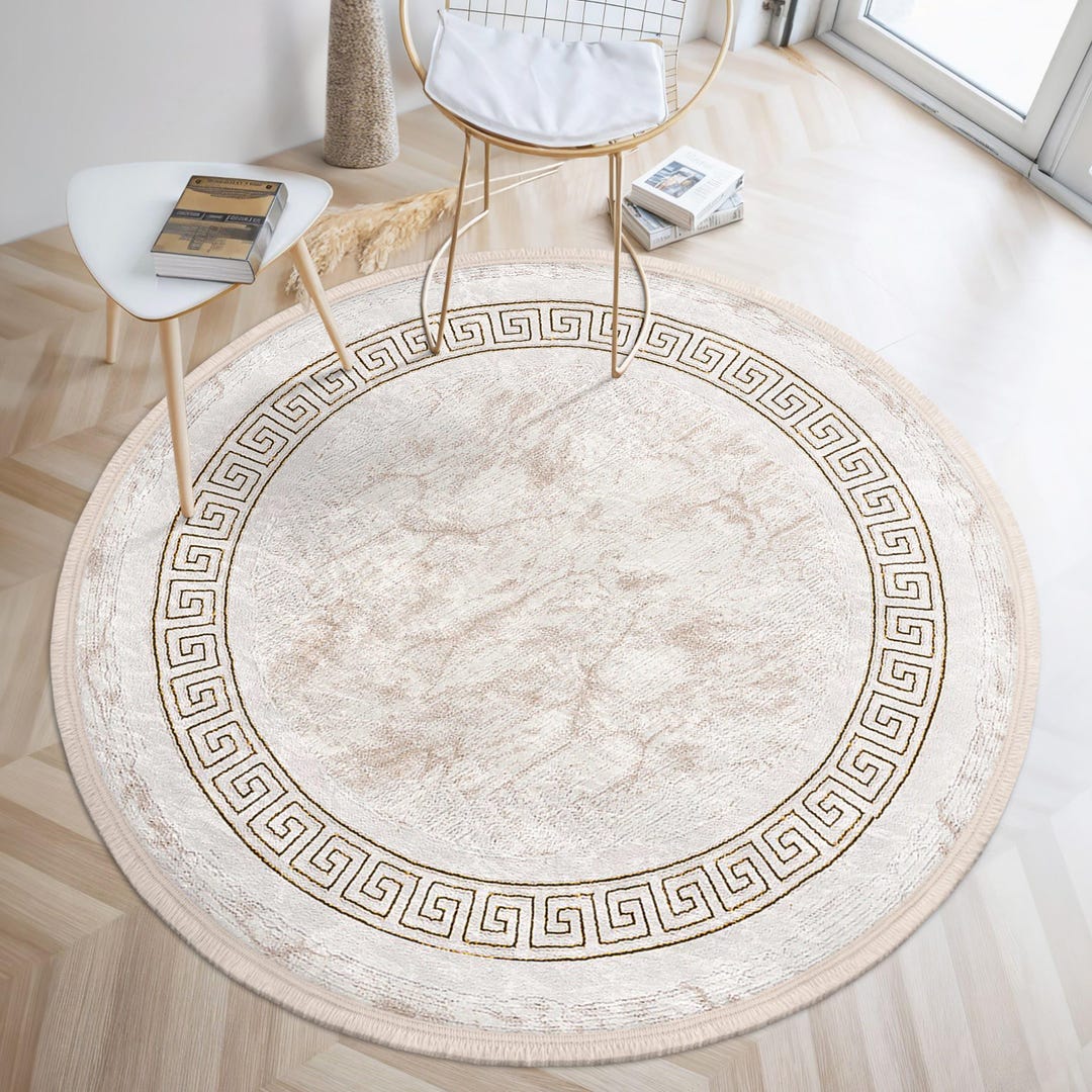 Greek Key Border Beige Round Rug - Geometric Pattern Circle Carpet ...