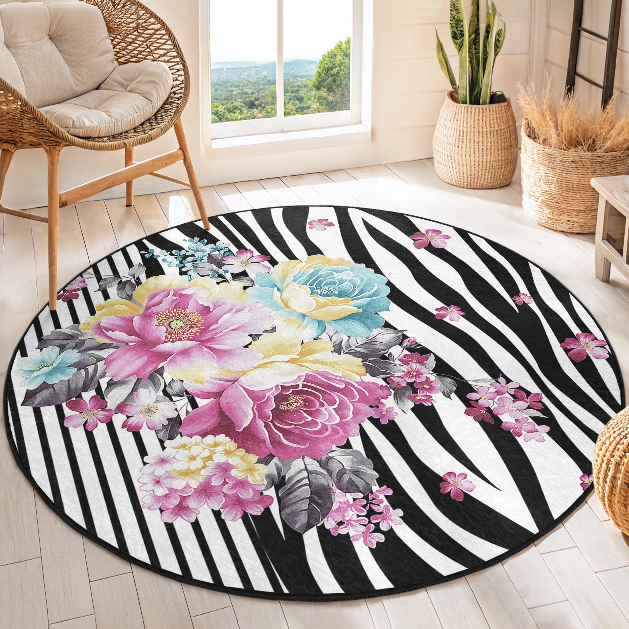Zebra Floral Design Round Rug - Vibrant Flower Stripes Circle Carpet ...