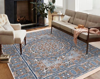 複雑なメダリオンエリアラグ - ブルー幾何学模様フローラルカーペット