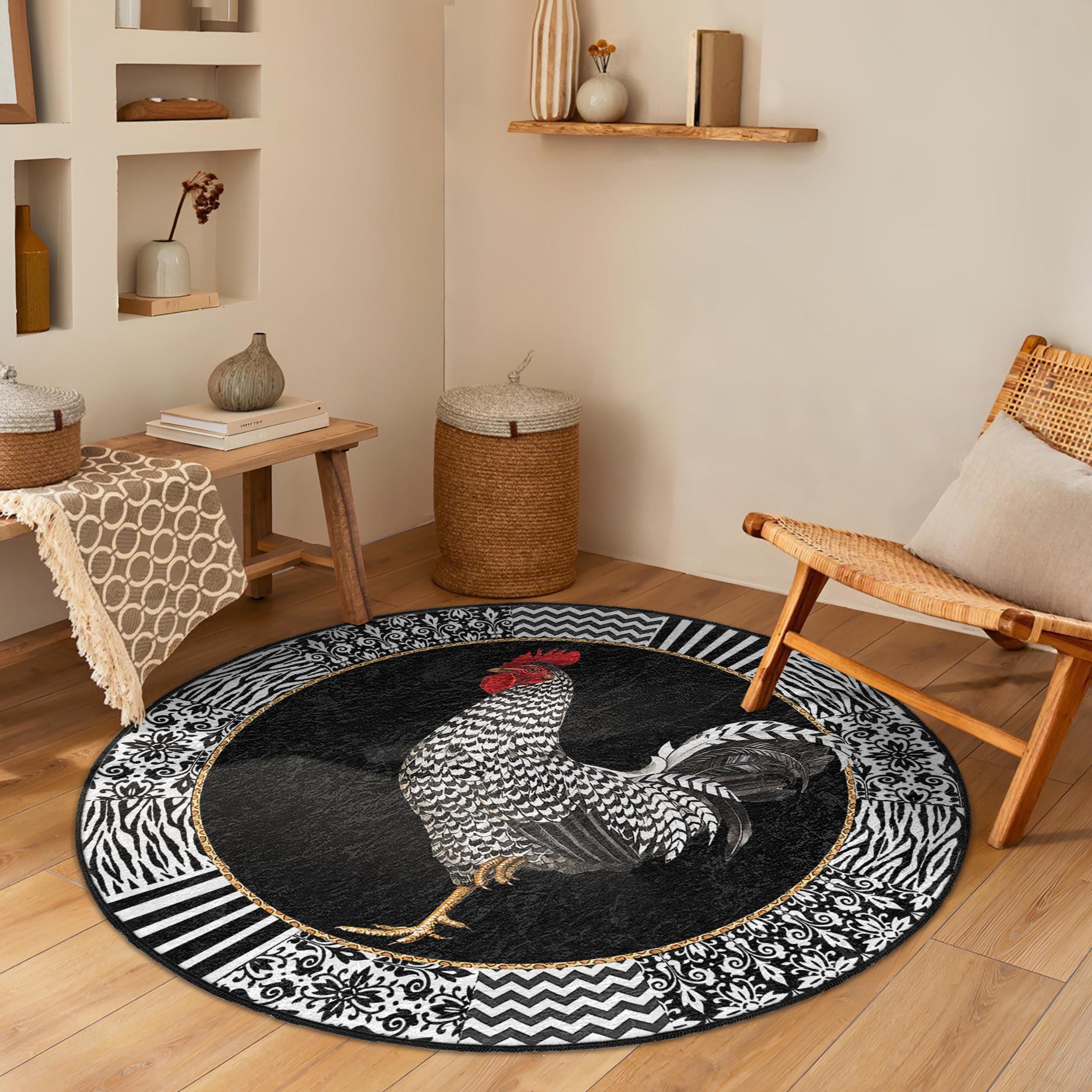 Rooster Art Area Round Rug-french Country Rooster Circle Rug-black ...