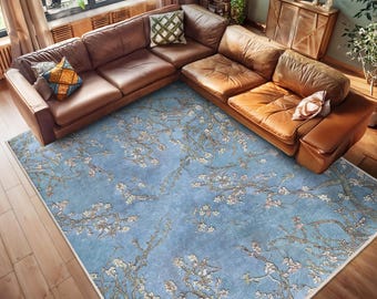 Branch Blossom Blue Area Rug - Vintage Floral Accent Carpet - Spring Garden Scene Mat - Almond Tree Area Rug - Rustic Pastel Floor Carpet