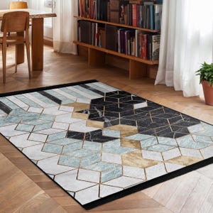 Hexagon Geometric Accent Rug-Black Gold Patterned Mat-Blue Area Carpet-Abstract Floor Area Mat-Modern Decorative Throw Rug-Sleek Room Runner