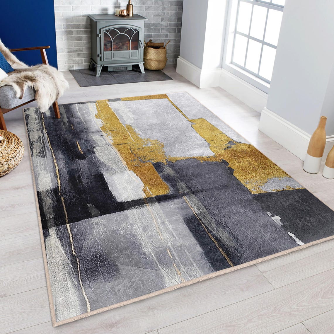 Modern Abstract Art Rug - Dramatic Brushstroke Gold Pattern Living Room ...