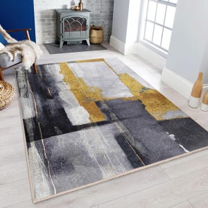 Tappeto moderno con motivo astratto a pennellate dorate - Tappeto per soggiorno con motivo a pennellate dorate - Tappeto con accenti grigio, nero e giallo - Elegante tappeto contemporaneo