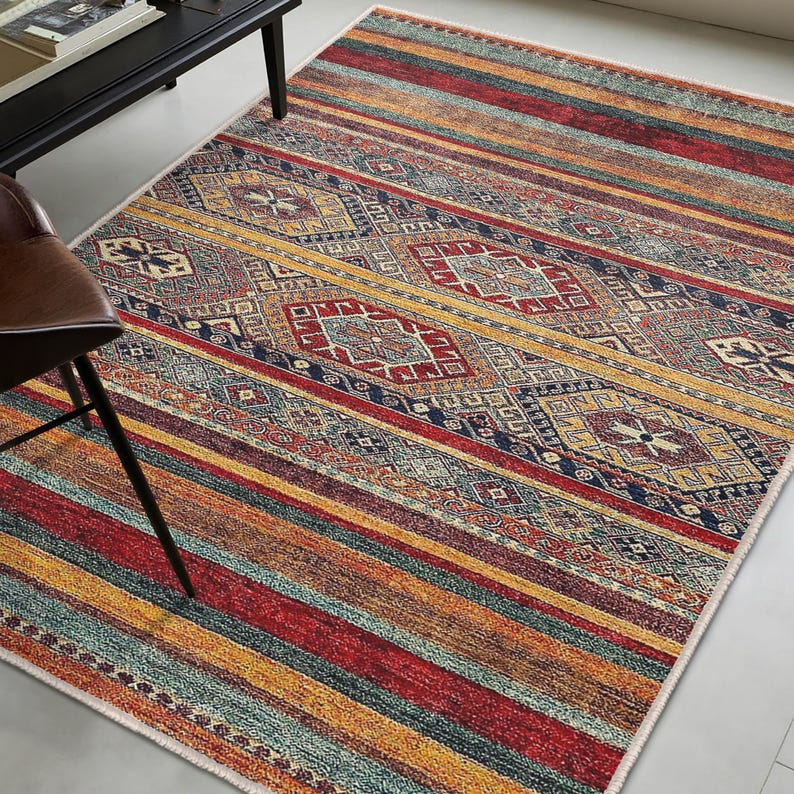 Striped Southwestern Area Rug - Geometric Tribal Accent Carpet - Ethnic ...