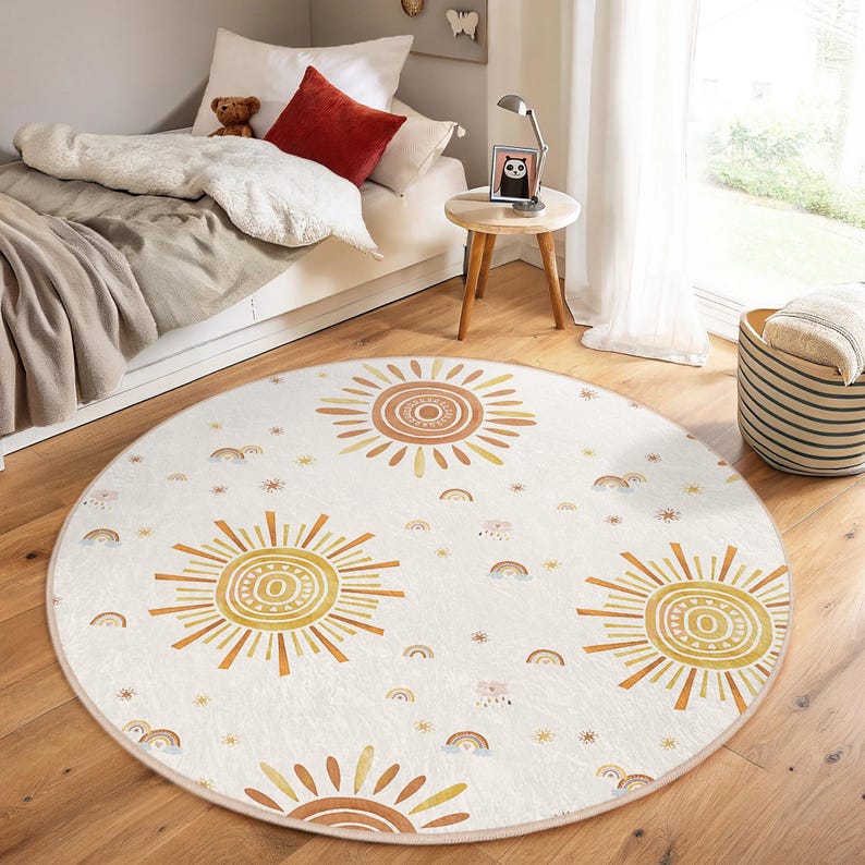 Sunshine Burst Kids Room Round Rug-celestial Sunshine Rainbow Motif ...