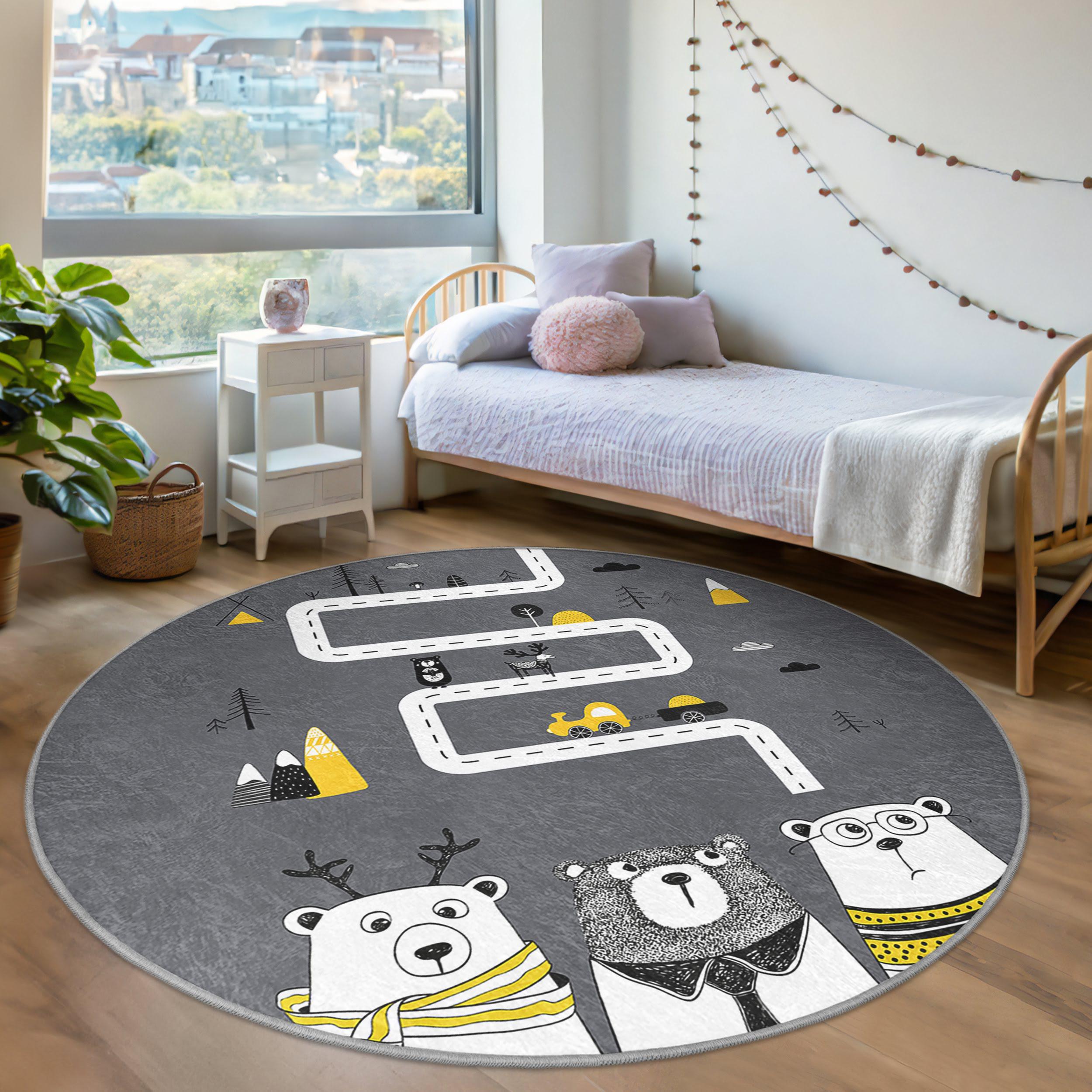 Playful Rug Playful Bear Street Kids Room Round Rug - Cute Gray Road Animal Circle ...