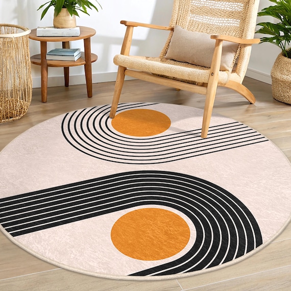 Retro Curved Lines Beige Round Rug - Mid Century Modern Circles Oval Mat -Black Lines Orange Circle Carpet-Minimalist Geometric Round Carpet