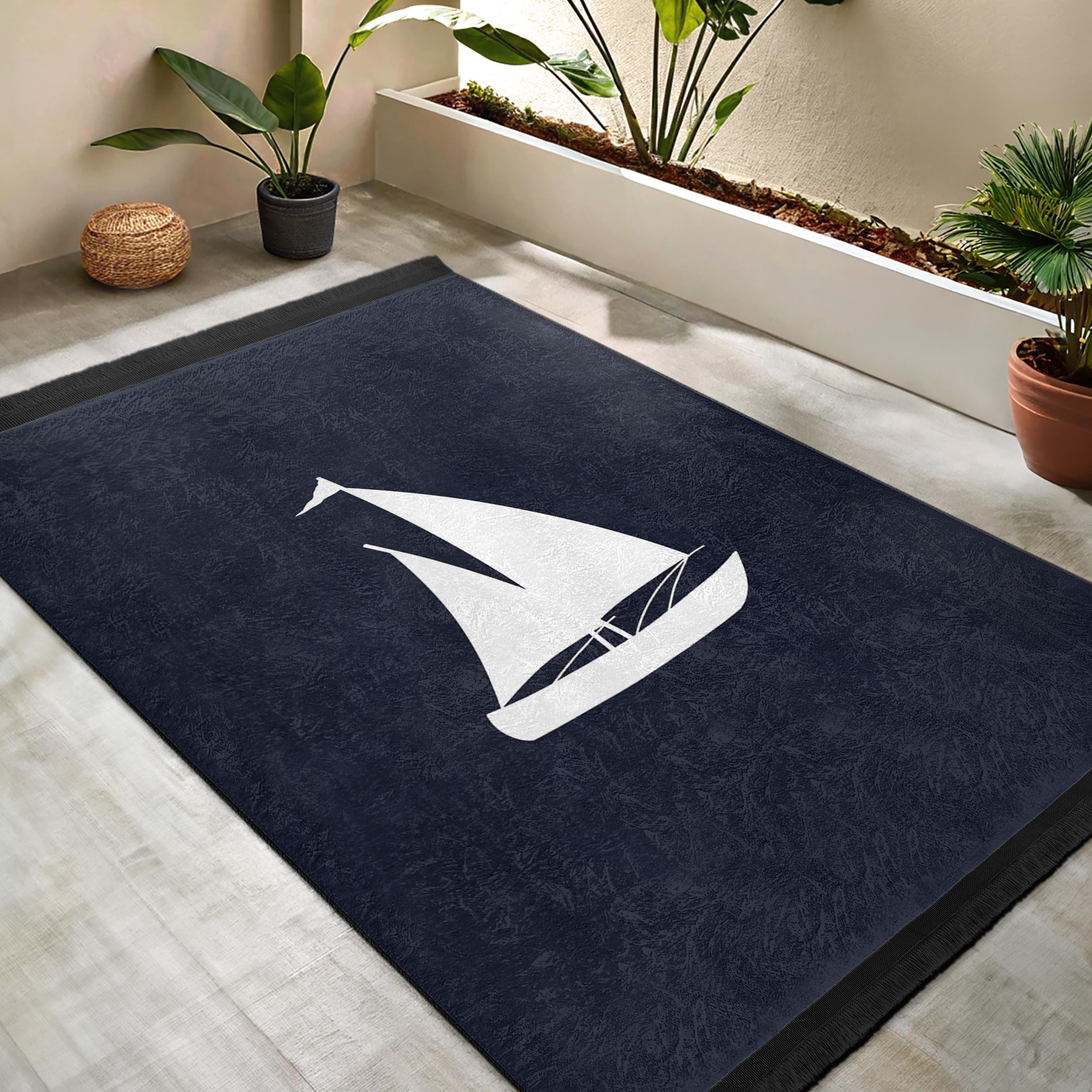 Nautical Sailboat Accent Rug - Sail Design Dark Surface Mat - Navy ...