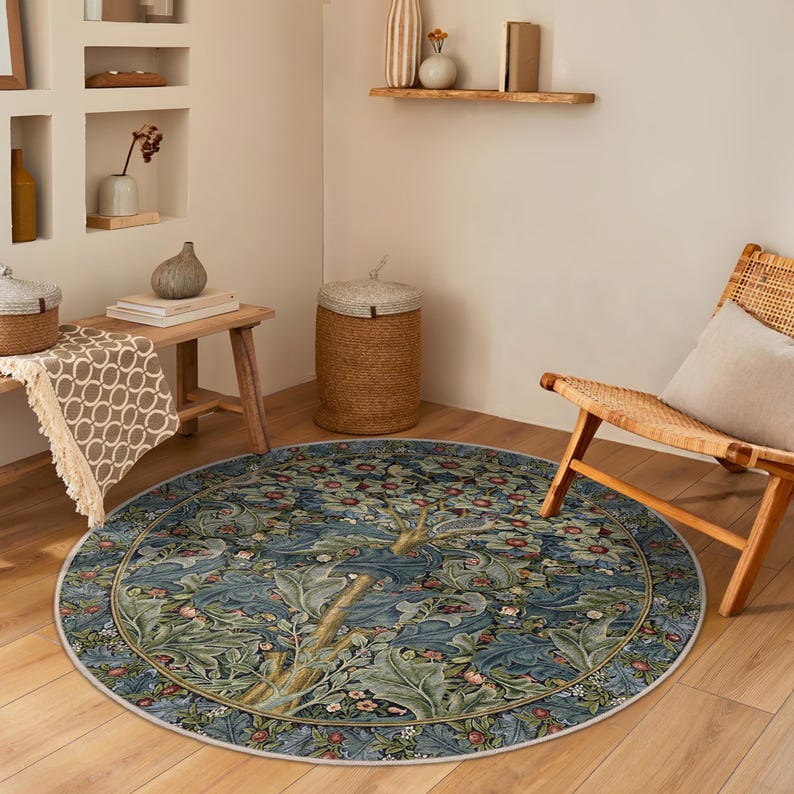 Morris Tree of Life Round Rug - Blue Botanical Leaves Circle Carpet ...