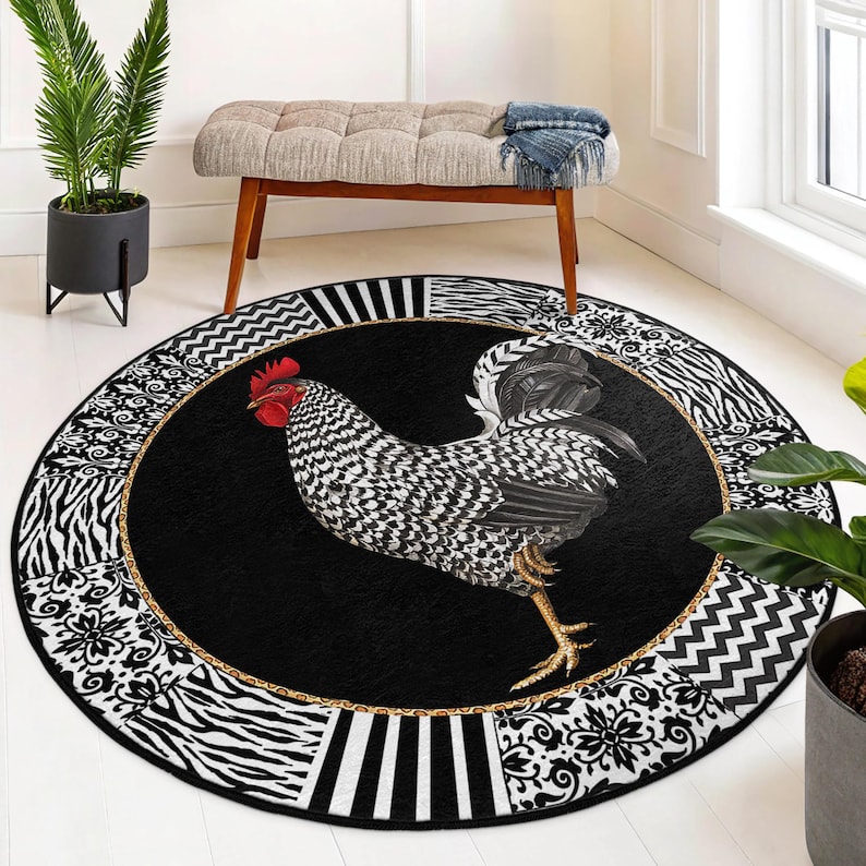 Rooster Art Area Round Rug-french Country Rooster Circle Rug-black ...