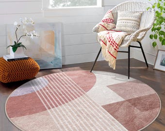 Pink Striped Round Living Room Rug | Soft Cotton Area Carpet