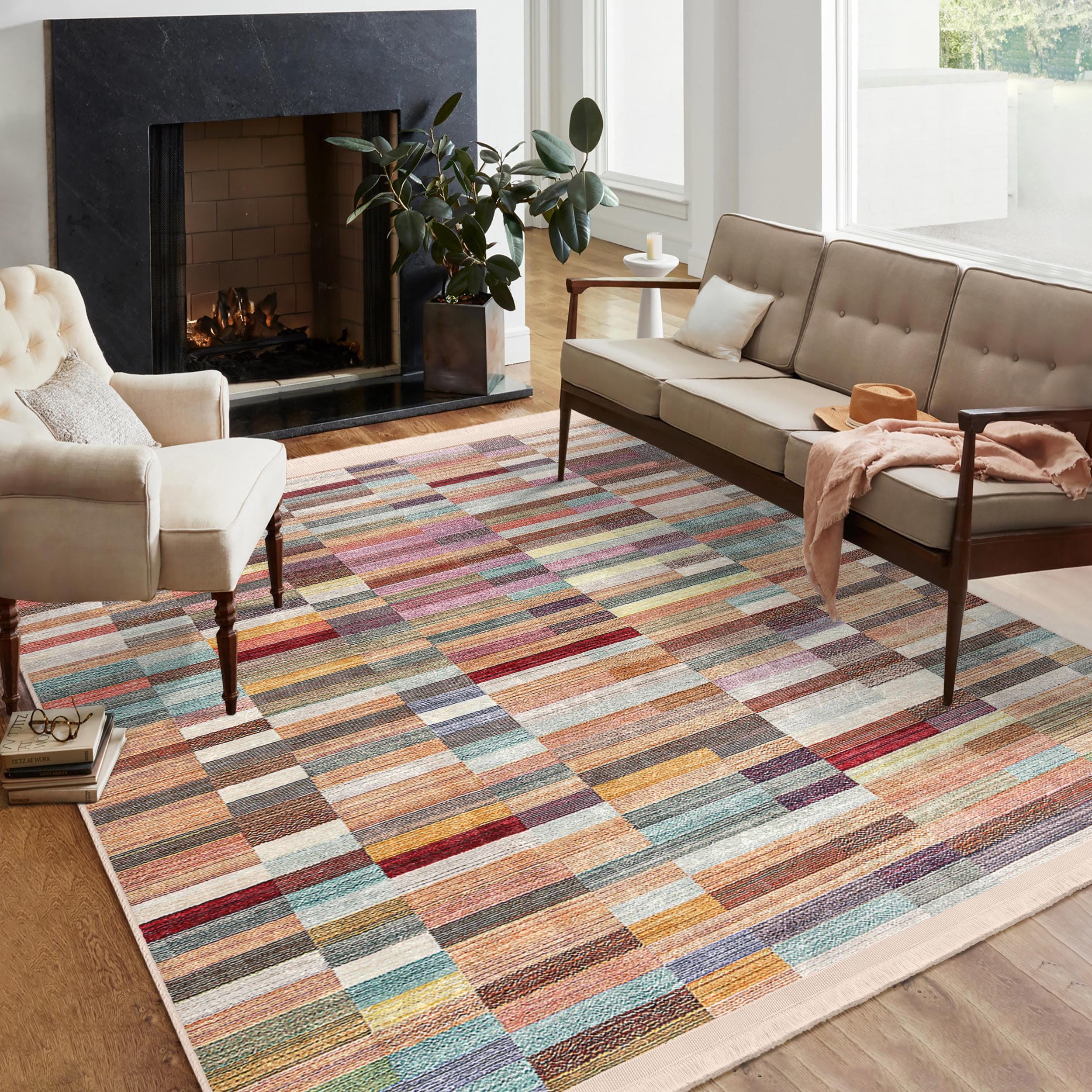 Colorful Block Area Rug - Striped Geometric Accent Carpet - Multicolor ...
