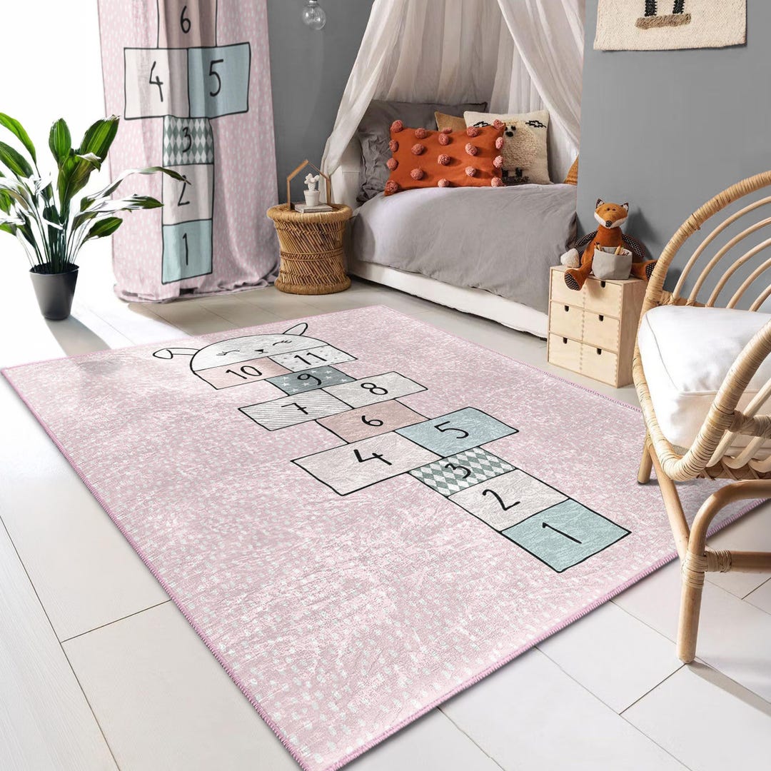 Playful Hopscotch Design Rug - Pastel Pink Geometric Kids Room Accent ...