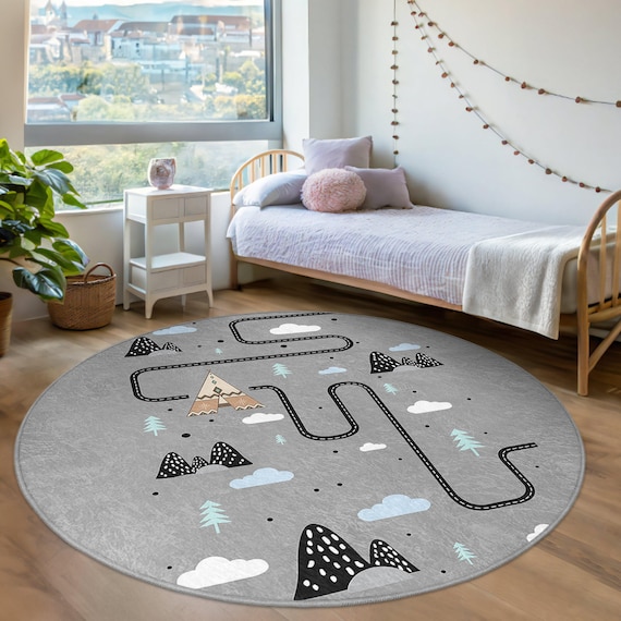 Gray Adventure Kids Room Round Rug Mountain Road Cloud Trail