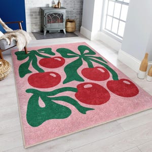 Pink Cherry Motif Area Rug -bold Fruit Leaf Pattern Rug-vibrant Anti ...