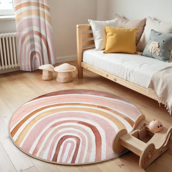 Pastel Rainbow Kids Room Round Rug Pink Arch Stripes Circle
