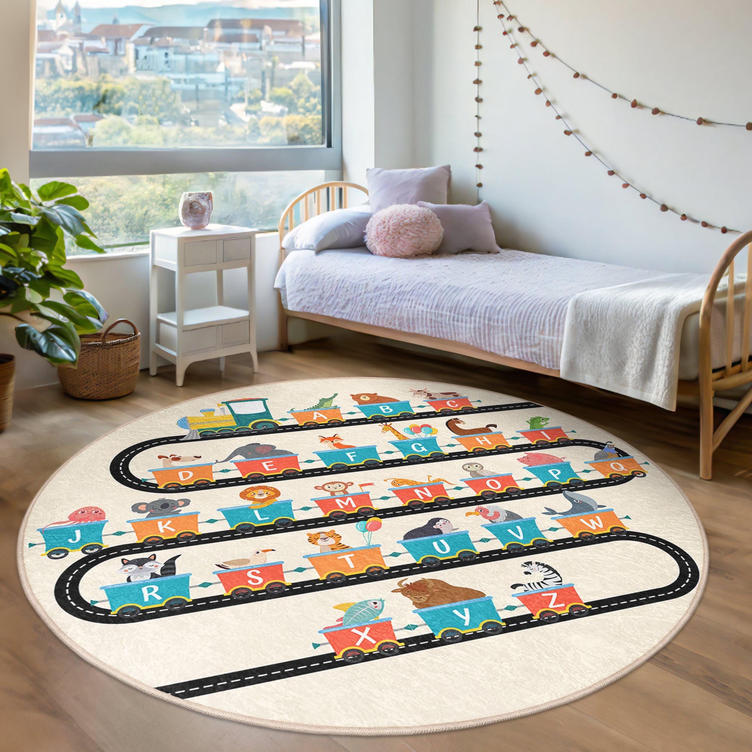 Tappeto rotondo per cameretta dei bambini con trenino degli