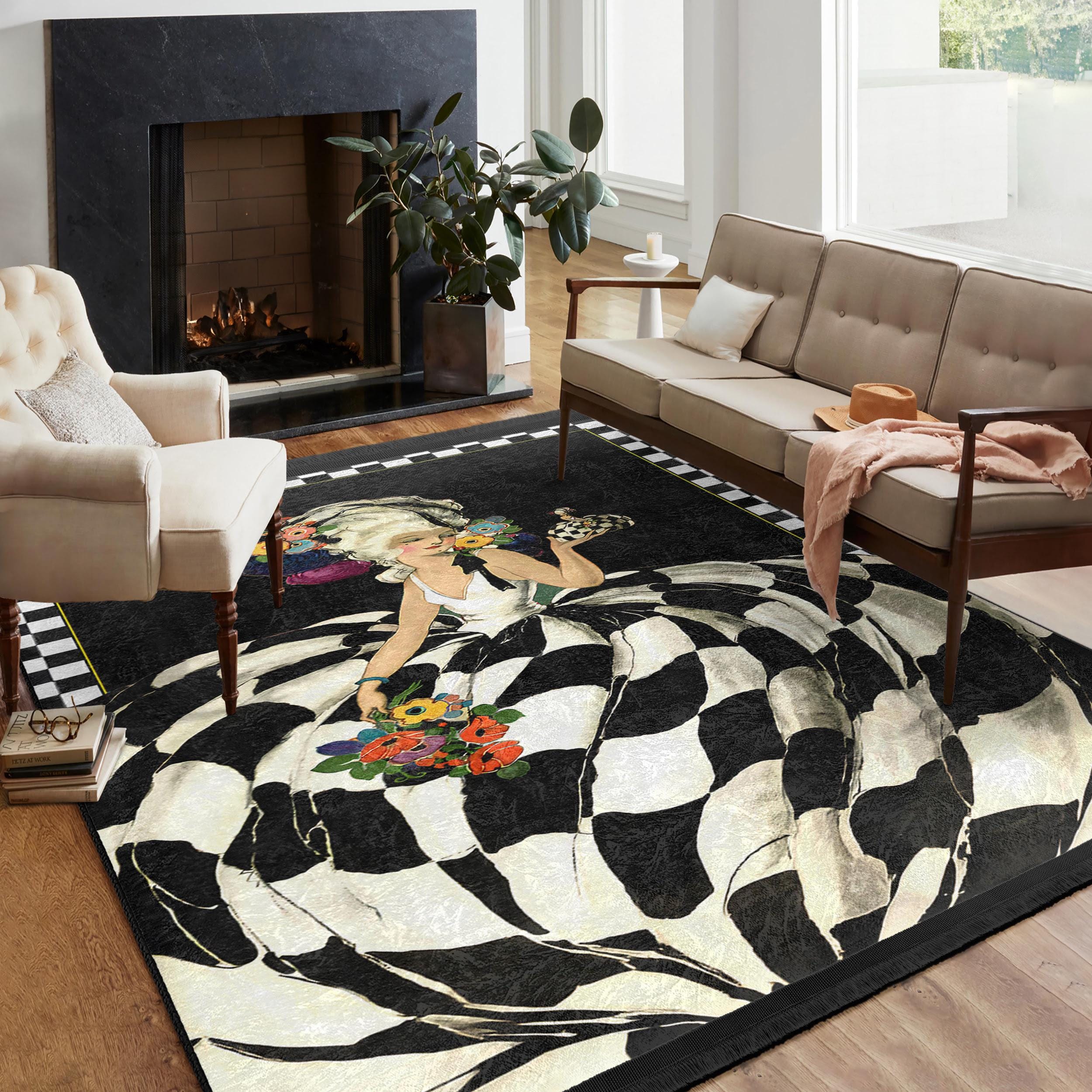 Baroque Lady Area Rug - Checkerboard Floral Carpet - Black White Accent ...