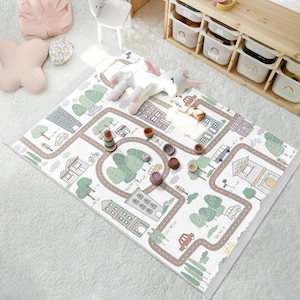 Tapis de jeu pour enfants City Road - Tapis design plan de la ville - Tapis décoratif pour chambre d'enfant - Tapis de récréation gris - Tapis motif voiture - Thème Explorateur urbain