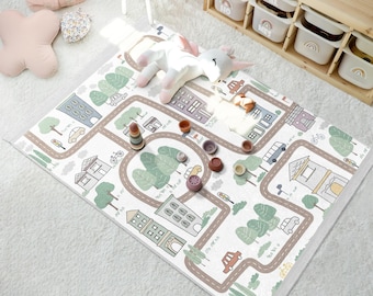 Children's City Road Play Rug - Town Map Design Carpet -Kids Room Accent Rug-Gray Playtime Area Rug-Bus Car Pattern Mat-Urban Explorer Theme