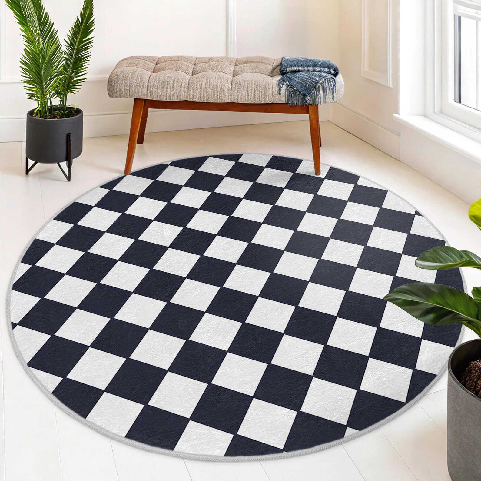 Black White Checkered Round Rug-bold Chessboard Pattern Circle Mat ...