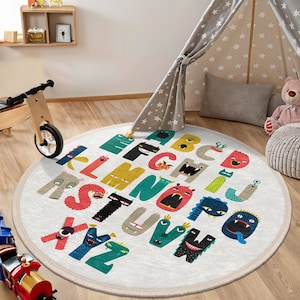 Tapete redondo para quarto infantil com alfabeto monstro ABC - Tapete colorido com letras monstro - Tapete para berçário de criaturas - Tapete educacional criativo para sala de jogos infantil