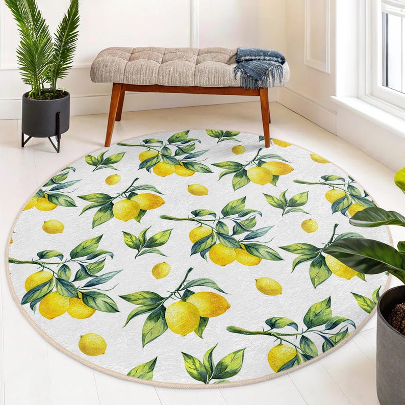 Bright Yellow Rug Bright Lemon Print Round Rug - Lemon Leaf Pattern Circle Mat - Yellow ...