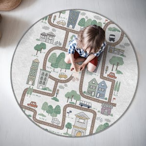Straßenkarte Abenteuer Kinderzimmer Rund Teppich-Street Cars Spielkreis Teppich-Grüne Bäume Oval Matte-City-Verkehr Kinderzimmer Teppich-Grau Waschbar Spielmatte