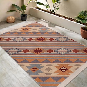 Geometric Tribal Rust Area Rug - Southwestern Aztec Pattern Accent Carpet-Diamond Design Throw Rug-Tan Tribal Washable Runner-Boho Floor Mat
