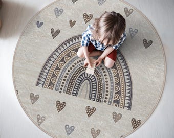 Rainbow Hearts Kids Room Round Rug - Geometric Blue Brown Circle