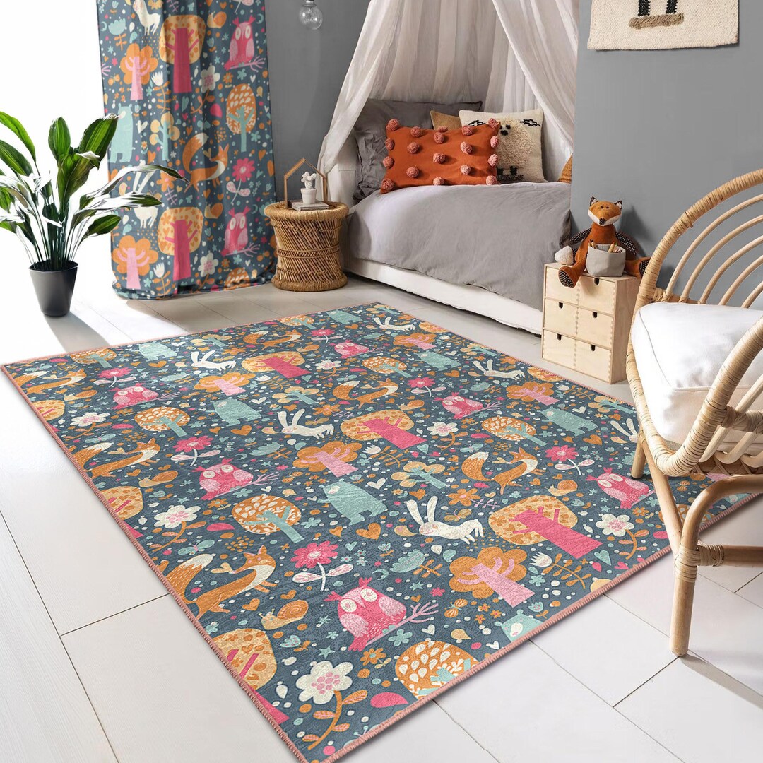 Whimsical Woodland Animals Rug - Forest Creatures Pattern Mat - Blue ...