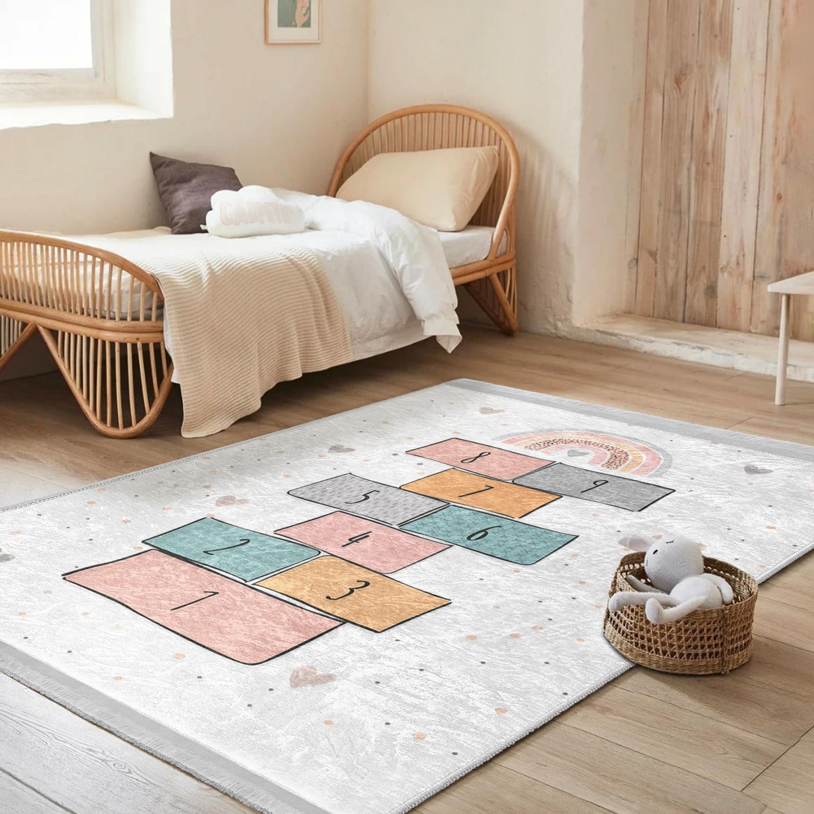 Fun Square Kids Rug Hopscotch Nursery Play Rug - Colorful Geometric Squares Design Mat ...