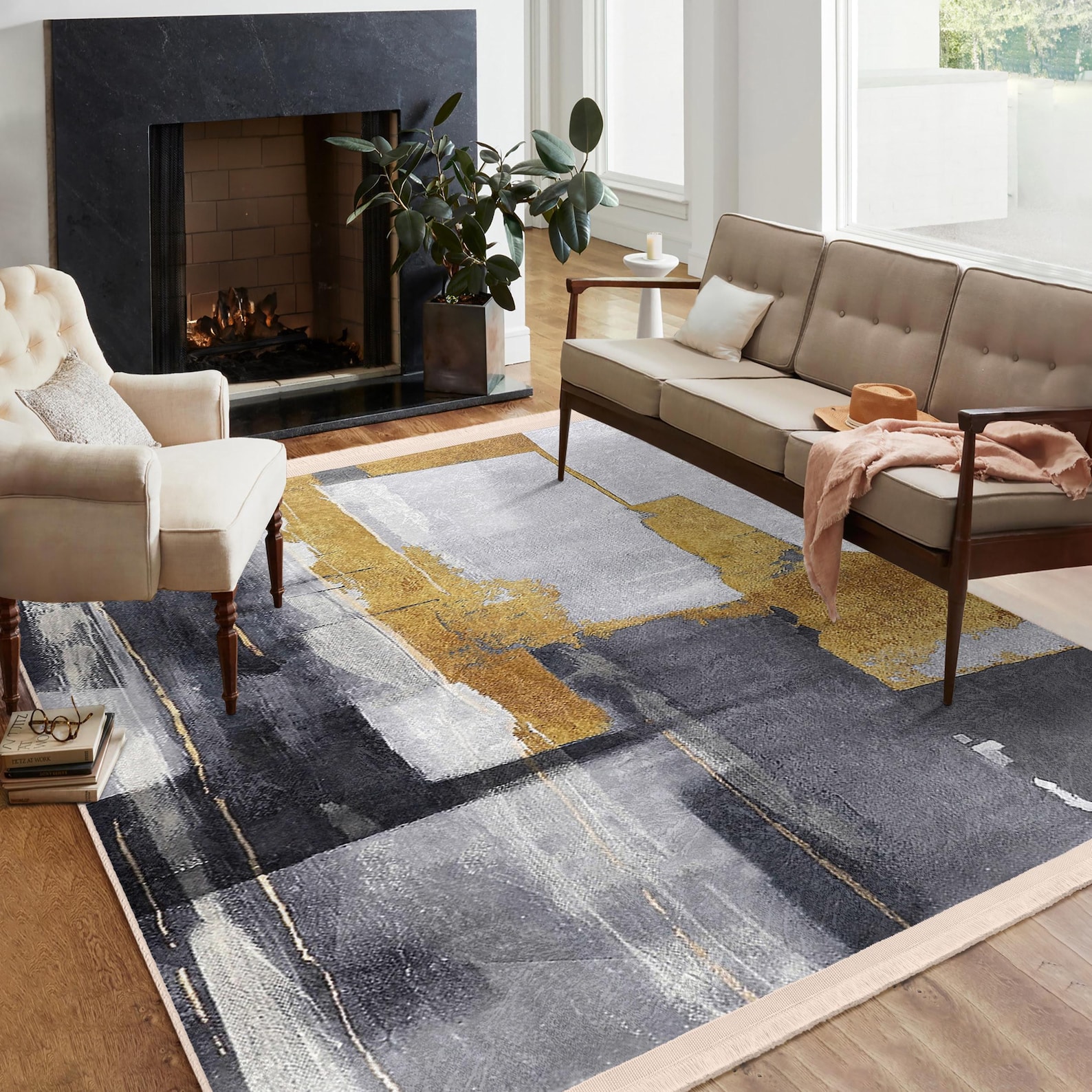 Modern Abstract Art Rug - Dramatic Brushstroke Gold Pattern Living Room ...