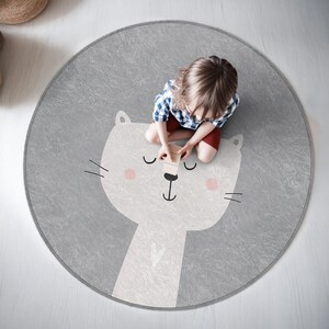 Rond tapijt grijze kat gezicht kinderkamer - schattig rond tapijt met snorharen - schattig kinderkamerdecor ovale mat - speelkamervriendelijk rond tapijt