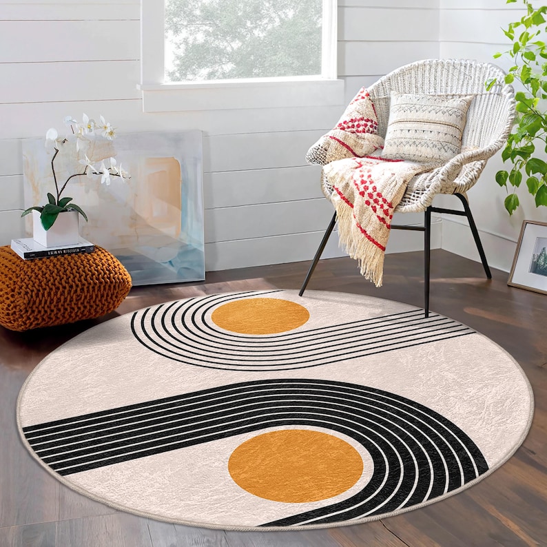 Orange Accent Carpet Black Lines Round Ru Boho Circle Carpet -