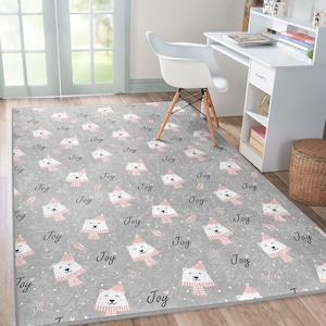 Alfombra con diseño de oso gris Joy, alfombra con diseño de animales de invierno, alfombra para el área de la guardería, alfombra con dibujos animados adorables, alfombra decorativa para la sala de juegos de los niños, alfombra antideslizante gris