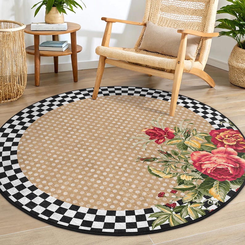 Checkered Floral Beige Round Rug -dotted Rose Pattern Circle Carpet ...