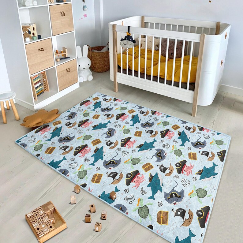 Toddler Pirate Carpe Runner - Octopus Nursery Rug Carpet - Trend Whale Treasure Mat