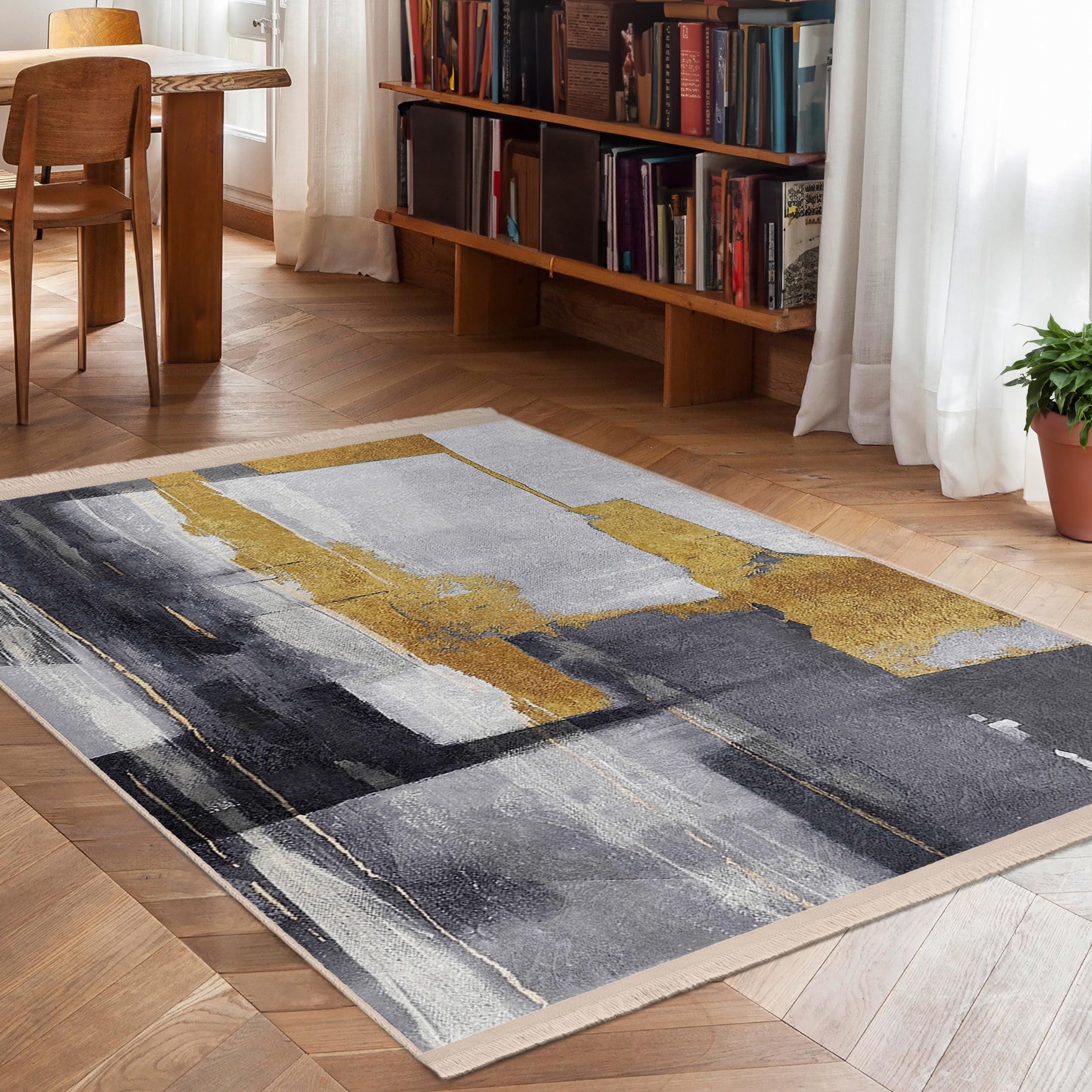 Modern Abstract Art Rug - Dramatic Brushstroke Gold Pattern Living Room ...