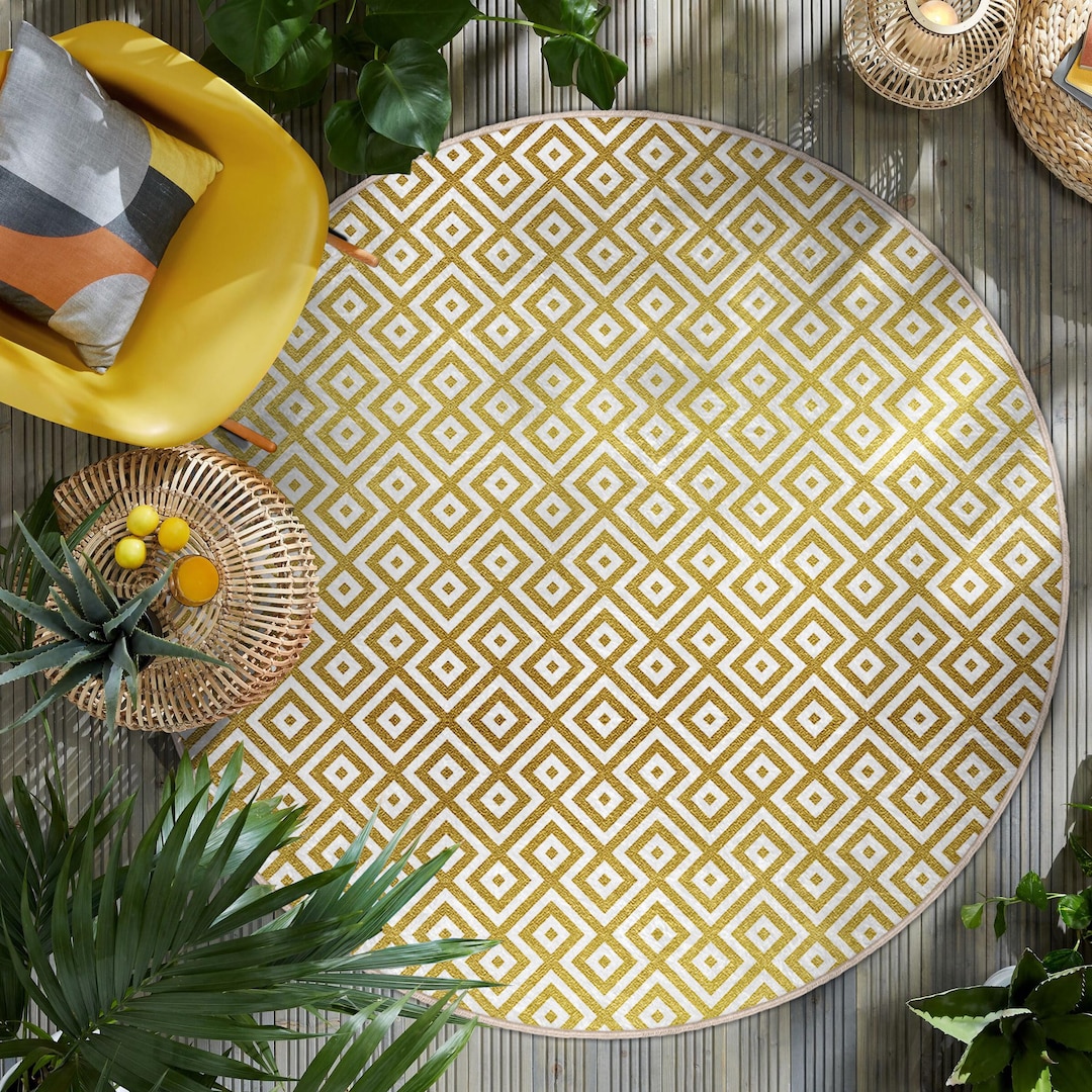 Yellow Rug Diamond Pattern Geometric Yellow Diamond Pattern Round Rug - Bold White Accents Oval ...